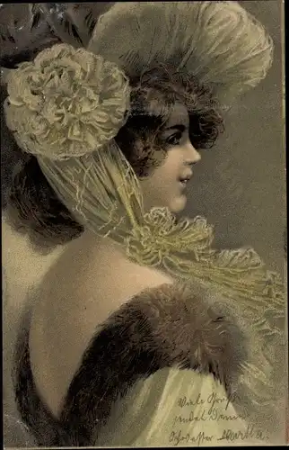 Litho Portrait einer Frau mit Hut