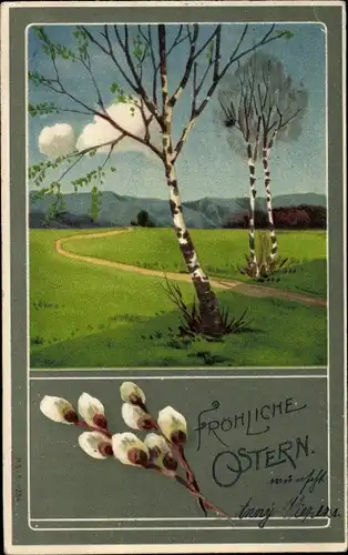 Ak Glückwunsch Ostern, Frühlingslandschaft, Weidenkätzchen