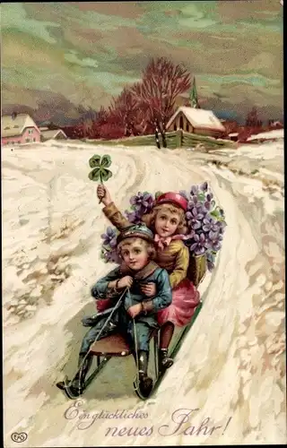 Präge Litho Glückwunsch Neujahr, Junge und Mädchen auf einem Schlitten, Kleeblatt