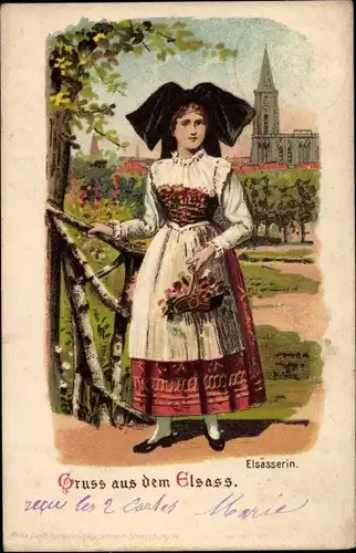 Litho Alsacienne, Elsässerin in Tracht, Standportrait