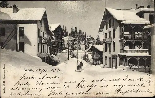 Ak Arosa Kanton Graubünden Schweiz, Straßenpartie im Winter
