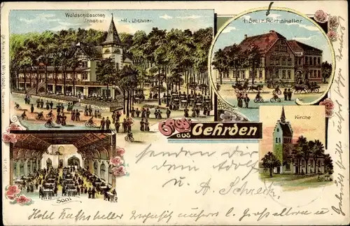 Litho Gehrden bei Hannover, Hotel zum Ratskeller, Kirche, Waldschlösschen