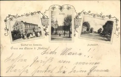 Ak Glasow Blankenfelde Mahlow im Kreis Teltow, Gasthof von Samelsky, Kirche, Dorfstraße