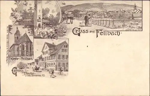 Litho Fellbach in Württemberg, Kirche, Gasthaus zur Traube, Kernen Turm