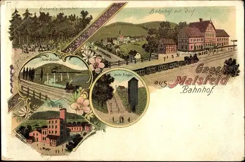 Litho Malsfeld in Hessen, Bahnhof, Dorf, Richards Wäldchen, Hohe Treppe, Brücke, Rittergutsbrauerei