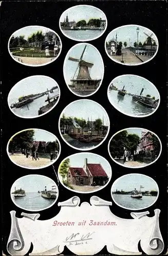 Ak Zaandam Zaanstad Nordholland, Stadtbilder, Windmühle, Souvenir