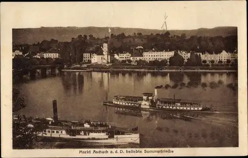 Ak Markt Aschach Donau Oberösterreich, Donaupartie, Salondampfer, Blick auf den Ort