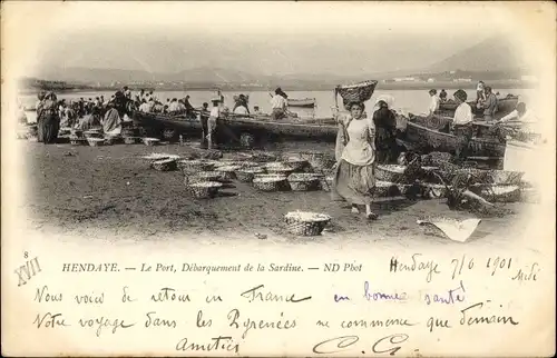 Ak Hendaye Pyrénées-Atlantiques, Le Port, Debarquement de la Sardine