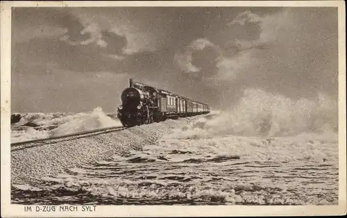 Ak Sylt in Nordfriesland, D Zug, Eisenbahn auf dem Hindenburgdamm