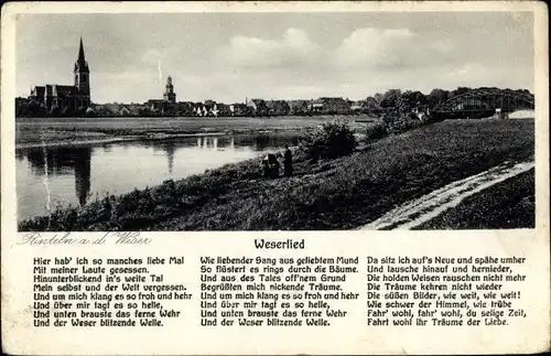 Lied Ak Rinteln an der Weser, Blick auf die Stadt über den Fluss, Weserlied