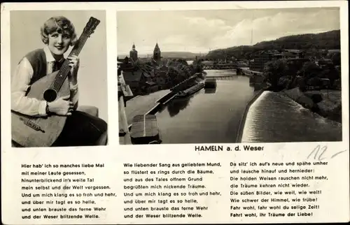 Ak Hameln an der Weser Niedersachsen, Weserlied, Gitarristin, Weserblick