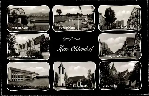 Ak Hessisch Oldendorf an der Weser, Weserbrücke, Schule, Münchhausenhaus, Marktplatz, Schwimmbad