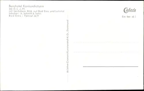 Ak Bad Ems an der Lahn, Berghotel Konkordiaturm, Terrasse, Ort, Inh. A. Schmitt & Sohn