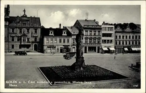 Ak Kolín Köln an der Elbe Mittelböhmen, Cast Namesti s pomnikem Mistra Jana Husa