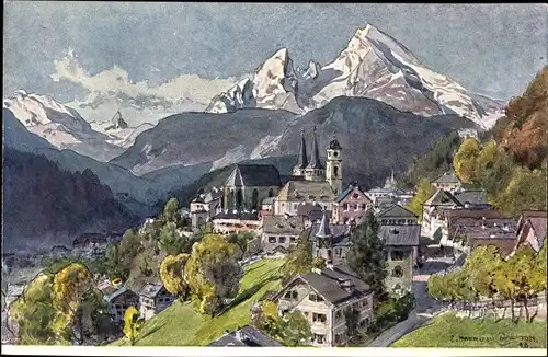 Künstler Ak Compton, Edward H., Berchtesgaden in Oberbayern, Blick auf den Ort