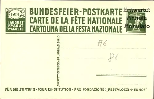 Ganzsachen Künstler Ak  Bad Schinznach Aargau, Schweizer Bundesfeier 1914, Pestalozzi und Iselin