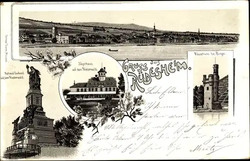 Litho Rüdesheim am Rhein, Niederwalddenkmal, Jägerhaus, Mäuseturm Bingen