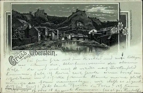 Mondschein Litho Idar Oberstein an der Nahe, Flusspartie mit Blick auf den Ort