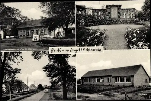 Ak Jagel in Schleswig, Geschäftshaus Der Holländer, Schule, Ehrenmal, Ortspartie