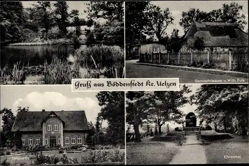 Ak Böddenstedt Suderburg in Niedersachsen, Ehrenmal, Gemischtwarenhandlung, Mühlenteich