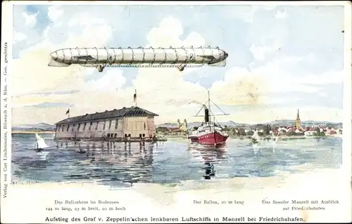 Künstler Ak Manzell Friedrichshafen am Bodensee, Zeppelin, Ballonhaus, Luftschiff, Ortsansicht