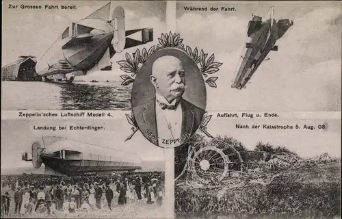 Ak Echterdingen, Luftschiff LZ 4, Explosion 1908, Ferdinand Graf von Zeppelin, Portrait