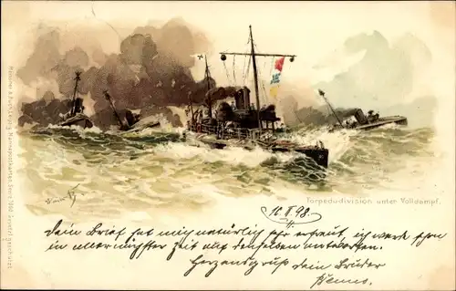 Künstler Litho Bohrdt, Hans, Deutsche Kriegsschiffe, Torpedodivision unter Volldampf