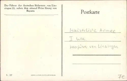 Ak Führer der deutschen Südarmee von Linsingen, Prinz Georg von Bayern, I WK