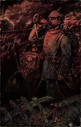 Künstler Ak Soldat in Uniform mit Trompete, Wohlfahrtskarte Kriegsblindenstiftung