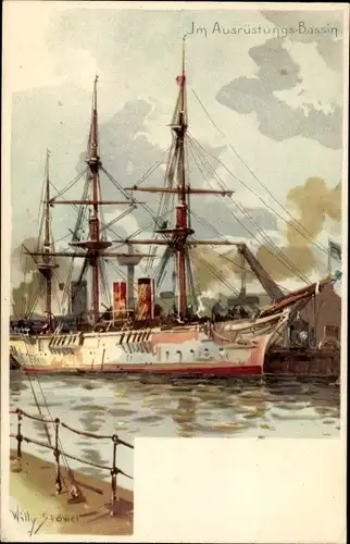 Künstler Ak Stöwer, Willy, Deutsches Kriegsschiff, Gedeckte Korvette, Ausrüstungsbassin