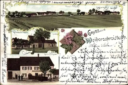 Litho Weiherschneidbach Weidenbach in Mittelfranken, Kellermanns Anwesen, Gasthaus, Totalansicht