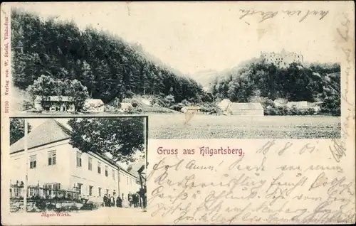 Ak Hilgartsberg Hofkirchen in Niederbayern, Gasthaus Jäger Wirth, Blick auf den Ort, Ruine