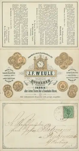 Klapp Ak J. F. Weule, Fabrik für Turm, Hof und Eisenbahnuhren, Reklame