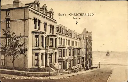 Ak Douglas Isle of Man England, Mona Drive, Central Promenade, Gales Chesterfield No. 4