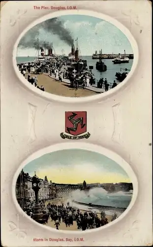 Präge Wappen Ak Douglas Isle of Man England, The Pier, Storm
