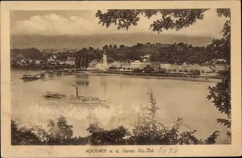 Ak Aschach Donau Oberösterreich, Blick auf den Ort, Salondampfer