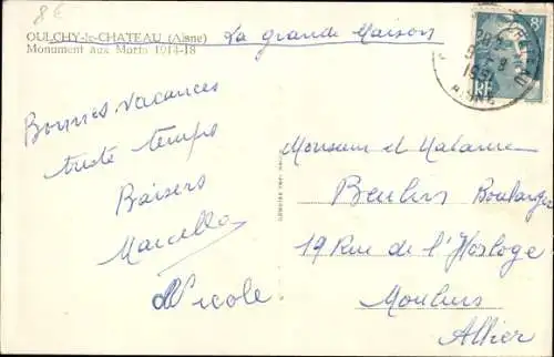 Ak Oulchy le Château Aisne, Monument aux Morts 1914-18, Cim