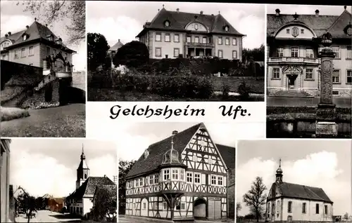 Ak Gelchsheim in Unterfranken, Altes Fachwerkhaus, Kirche, Herrenhaus, Ortspartie