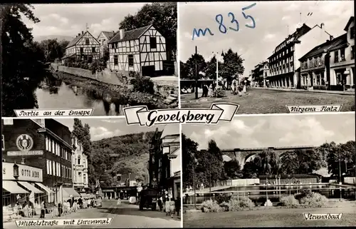 Ak Gevelsberg im Ruhrgebiet, Nirgena Platz, Strandbad, Mittelstraße m. Ehrenmal, Ennepepartie