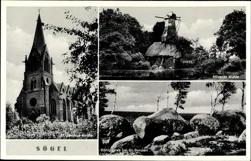 Ak Sögel im Emsland, Hüvener Mühle, Königsgrab bei Gr. Berssen, St. Jakobus Kirche