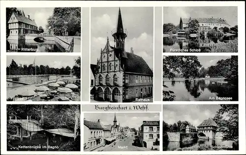 Ak Burgsteinfurt Steinfurt Münsterland, Rathaus, Ritterburg, Schloss, Schlossmühle, Markt, Freibad