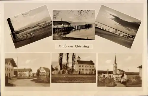 Ak Chieming im Kreis Traunstein Oberbayern, Ortsansichten, Kirche, Brücke