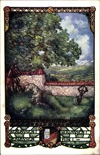 Künstler Ak Niessner, P., Niederösterreich Österreich, Verlassen, Mann am Grab, Wappen