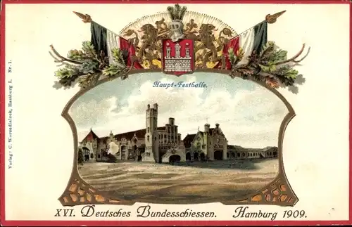 Präge Wappen Litho Hamburg, XVI. Deutsches Bundesschießen 1909, Festhalle
