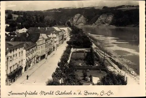 Ak Markt Aschach an der Donau in Oberösterreich, Straßenpartie, Gartenanlagen am Flussufer