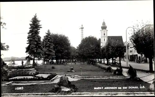 Ak Markt Aschach an der Donau in Oberösterreich, Gartenanlagen, Kirchturm