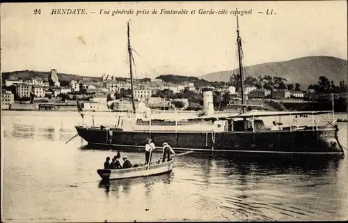 Ak Hendaye Pyrénées-Atlantiques, Vue generale prise de Fontarabie et Garde cote espagnol