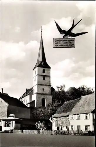Ak Obrigheim am Neckar Baden, Kirche, Schwalbe mit Briefpost
