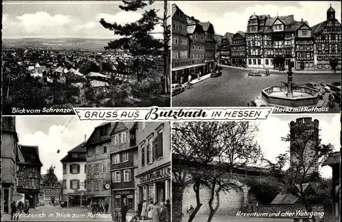 Ak Butzbach im Taunus Hessen, Blick v. Schrenzer, Rathaus, Markt, Hexenturm, alter Wehrgang