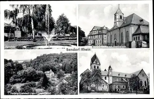 Ak Bendorf am Rhein, Parkplatz m. Brunnen, Untere Kirche, Kirche, Hedwig Dransfeld Haus